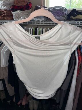 Shimmer Crewneck Cap-Sleeve Top - White